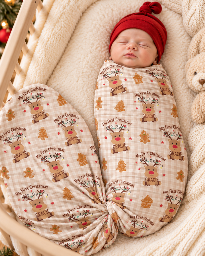 First Christmas Reindeer Bamboo Swaddle Blanket