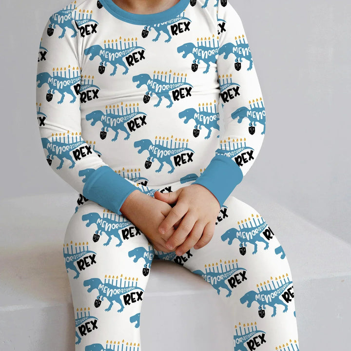 Dinosaur Hanukkah Boy Two Piece Long Sleeve Pajama Set , Dinosaur Hanukkah Boy Two Piece Long Sleeve Pajama Set - 12-18M