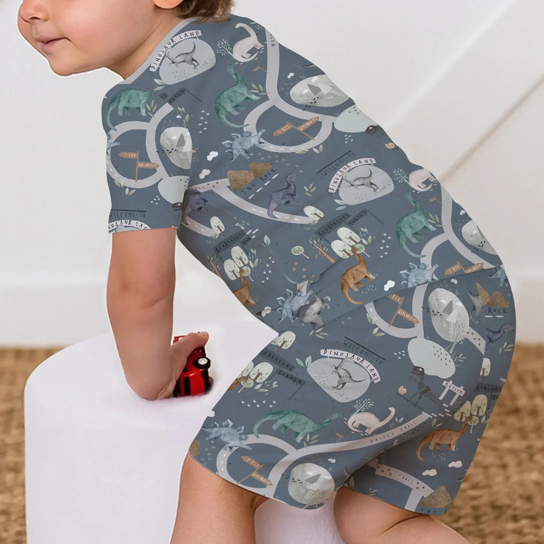 Dinosaur Route Map Two Piece Short Sleeve Shorts Pajama Set , Dinosaur Route Map Two Piece Short Sleeve Shorts Pajama Set - 12-18M