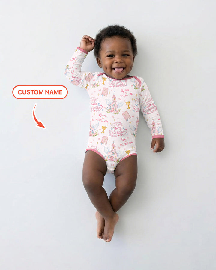 Custom Name Baptism Christening Straight Outta Holy Water Bamboo Bodysuit