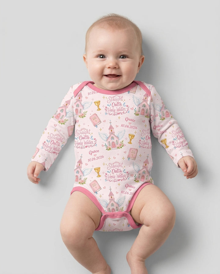 Custom Name Baptism Christening Straight Outta Holy Water Bamboo Bodysuit