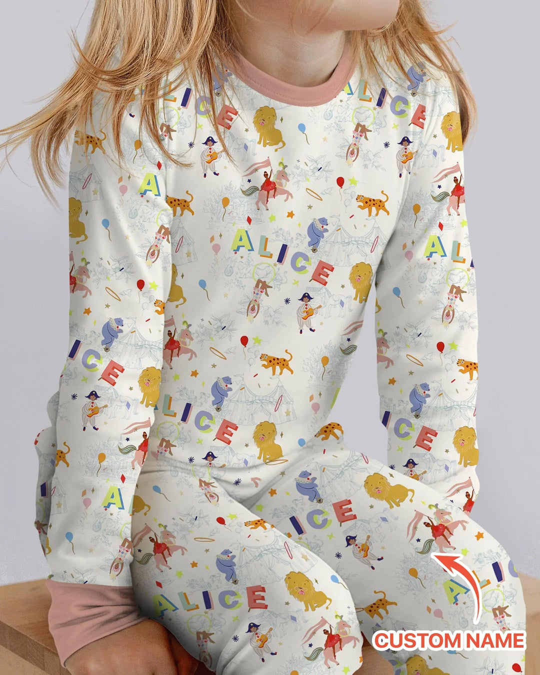 Custom Name Circus Toile Bamboo Two Piece Long Sleeve Pajama Set