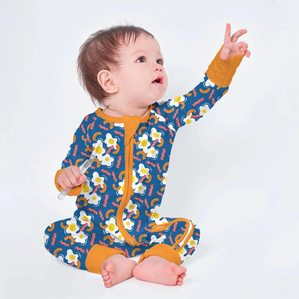 Egg And Hot Dog Breakfast Convertible Zippered Romper , Egg And Hot Dog Breakfast Convertible Zippered Romper - Newborn