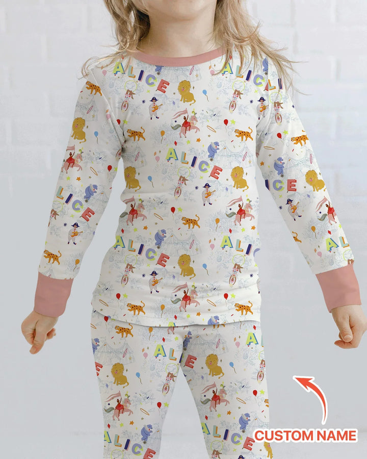 Custom Name Circus Toile Bamboo Two Piece Long Sleeve Pajama Set