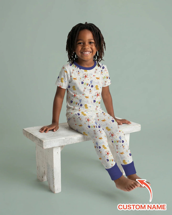 Custom Name Circus Toile Bamboo Two Piece Short Sleeve Pajama Set