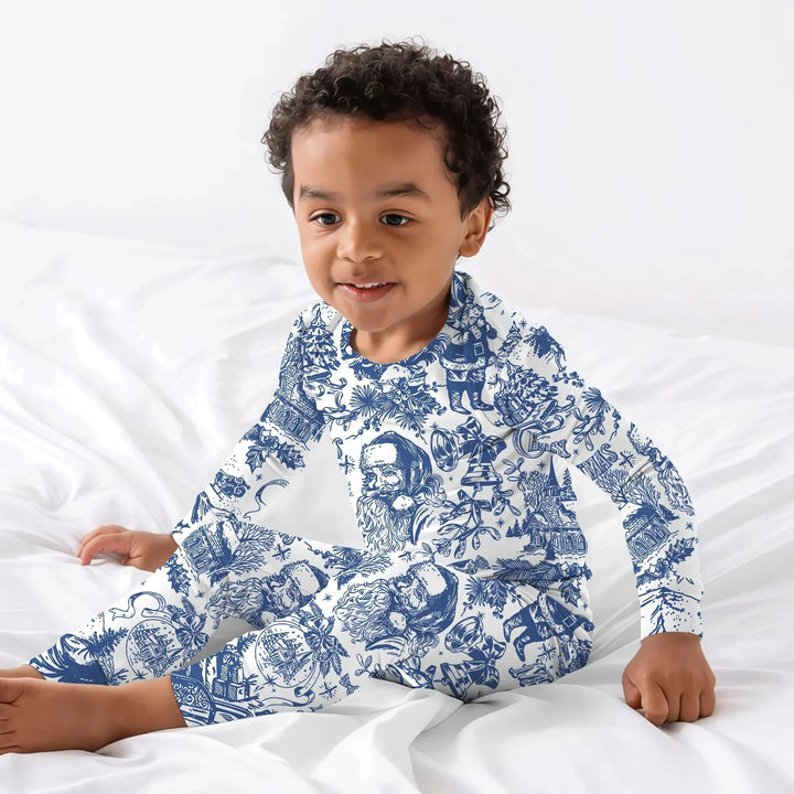 Family Christmas Chinoiserie Custom Color Pajama Two Piece Long Sleeve Pajama Set , Family Christmas Chinoiserie Custom Color Pajama Two Piece Long Sleeve Pajama Set - 12-18M / Blue