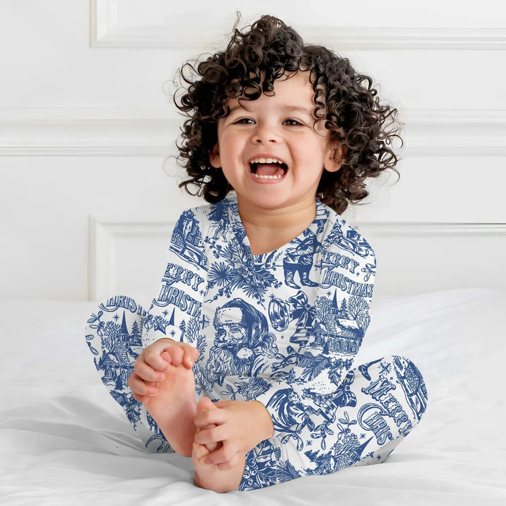 Family Christmas Chinoiserie Custom Color Pajama Two Piece Long Sleeve Pajama Set , Family Christmas Chinoiserie Custom Color Pajama Two Piece Long Sleeve Pajama Set - 12-18M / Blue