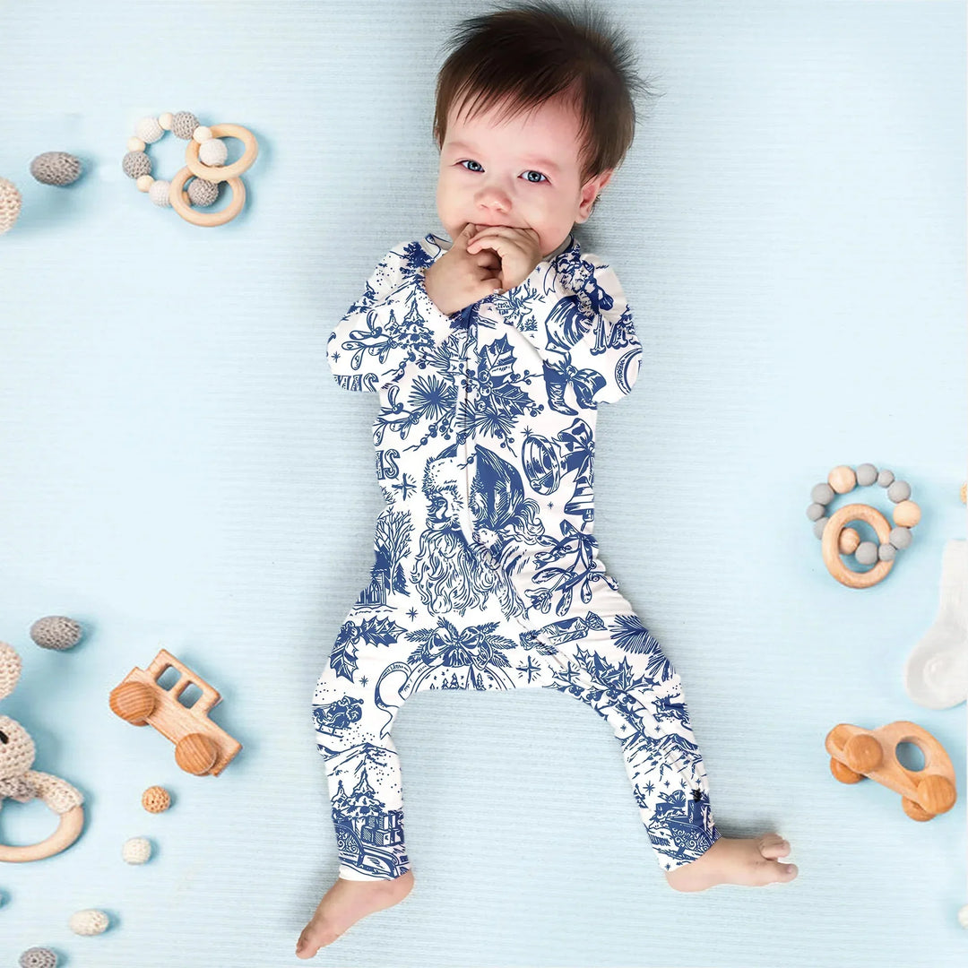 Family Christmas Chinoiserie Pajama Convertible Zippy , Family Christmas Chinoiserie Pajama Convertible Zippy - 0-3M / Blue