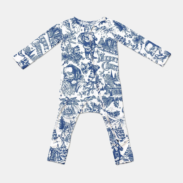 Family Christmas Chinoiserie Pajama Convertible Zippy , Family Christmas Chinoiserie Pajama Convertible Zippy - 0-3M / Blue