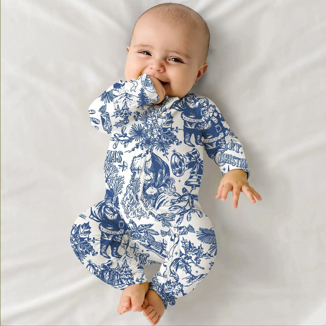 Family Christmas Chinoiserie Pajama Convertible Zippy , Family Christmas Chinoiserie Pajama Convertible Zippy - 0-3M / Blue