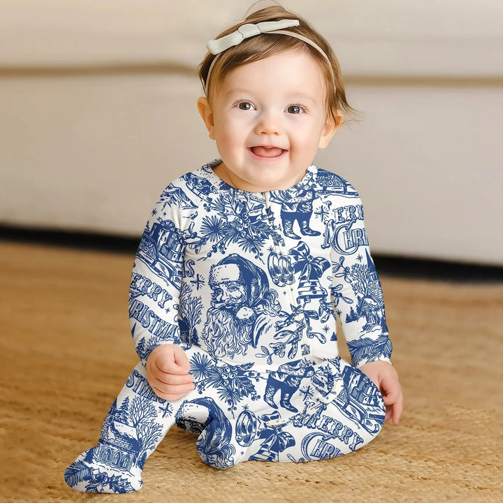 Family Christmas Chinoiserie Pajama Convertible Zippy , Family Christmas Chinoiserie Pajama Convertible Zippy - 0-3M / Blue