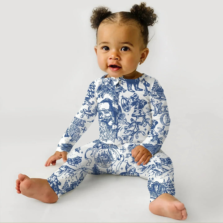 Family Christmas Chinoiserie Pajama Convertible Zippy , Family Christmas Chinoiserie Pajama Convertible Zippy - 0-3M / Blue