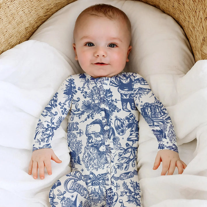 Family Christmas Chinoiserie Pajama Convertible Zippy , Family Christmas Chinoiserie Pajama Convertible Zippy - 0-3M / Blue