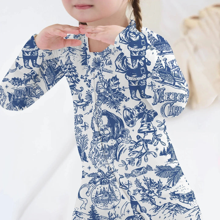 Family Christmas Chinoiserie Pajama Convertible Zippy , Family Christmas Chinoiserie Pajama Convertible Zippy - 0-3M / Blue