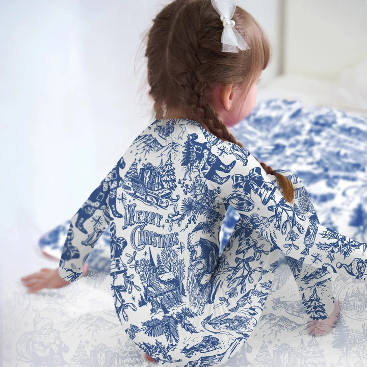 Family Christmas Chinoiserie Pajama Convertible Zippy , Family Christmas Chinoiserie Pajama Convertible Zippy - 0-3M / Blue