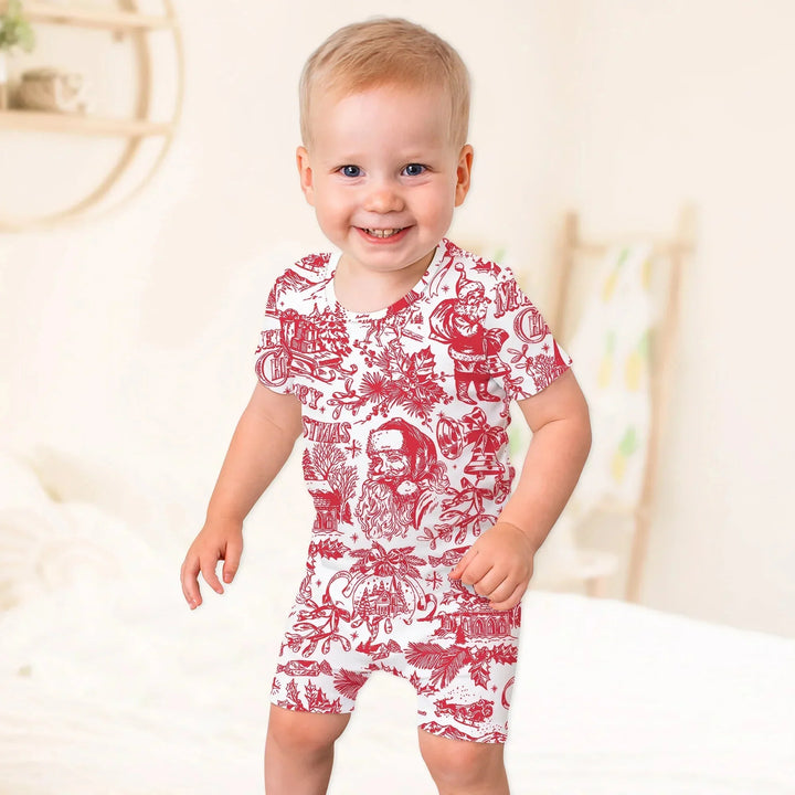 Family Christmas Chinoiserie Pajama Two Piece Short Sleeve Shorts Pajama Set , Family Christmas Chinoiserie Pajama Two Piece Short Sleeve Shorts Pajama Set - 12-18M / Red