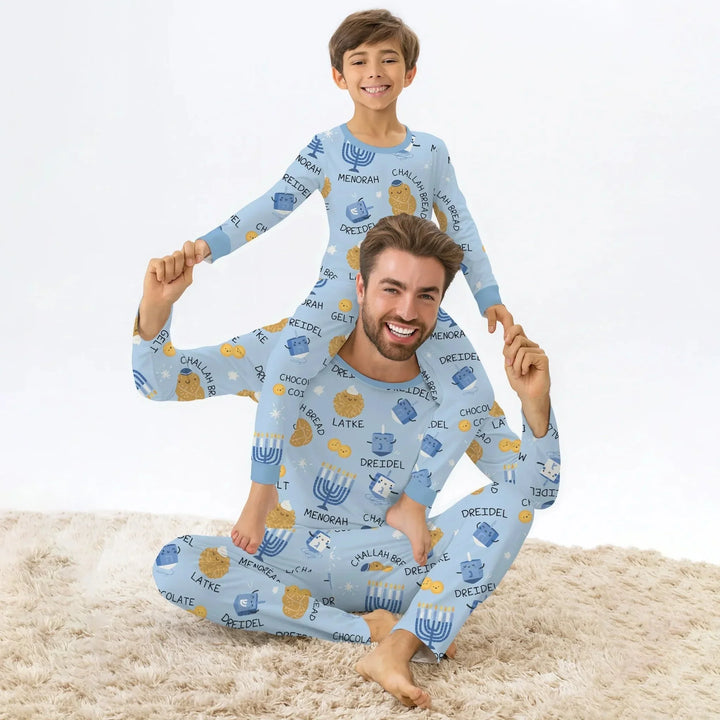 Family Hanukkah Matching Two Piece Long Sleeve Pajama Set , Family Hanukkah Matching Two Piece Long Sleeve Pajama Set - 12-18M / Blue