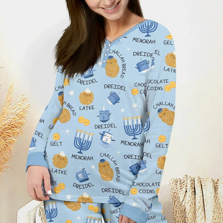 Family Hanukkah Matching Women Pajama Set , Family Hanukkah Matching Women Pajama Set - Only Shirt / S / Blue