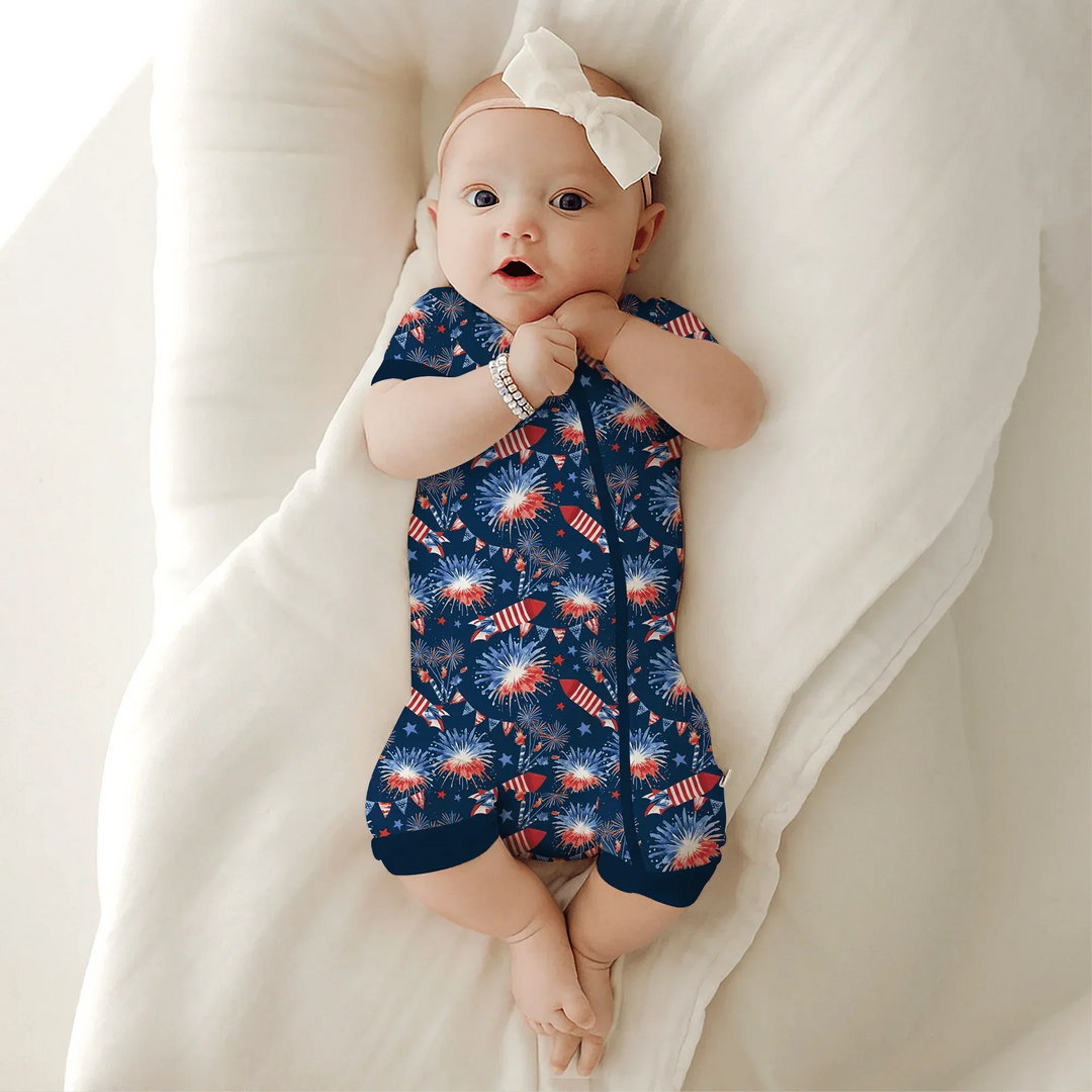 Firework Shorty Zippered Romper , Firework Shorty Zippered Romper - Newborn