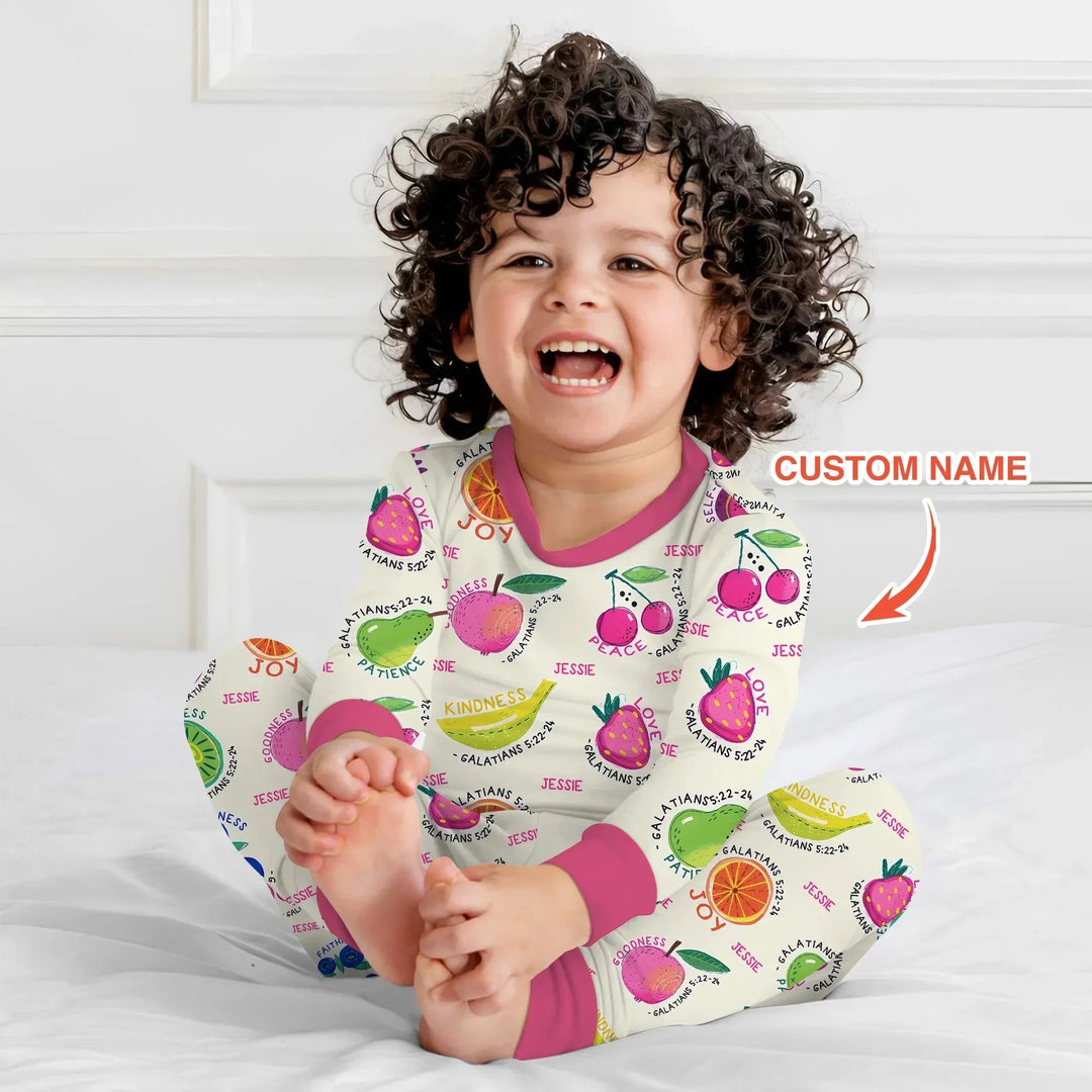 Fruit Of The Spirit Custom Name Two Piece Long Sleeve Pajama Set , Fruit Of The Spirit Custom Name Two Piece Long Sleeve Pajama Set - 12-18M