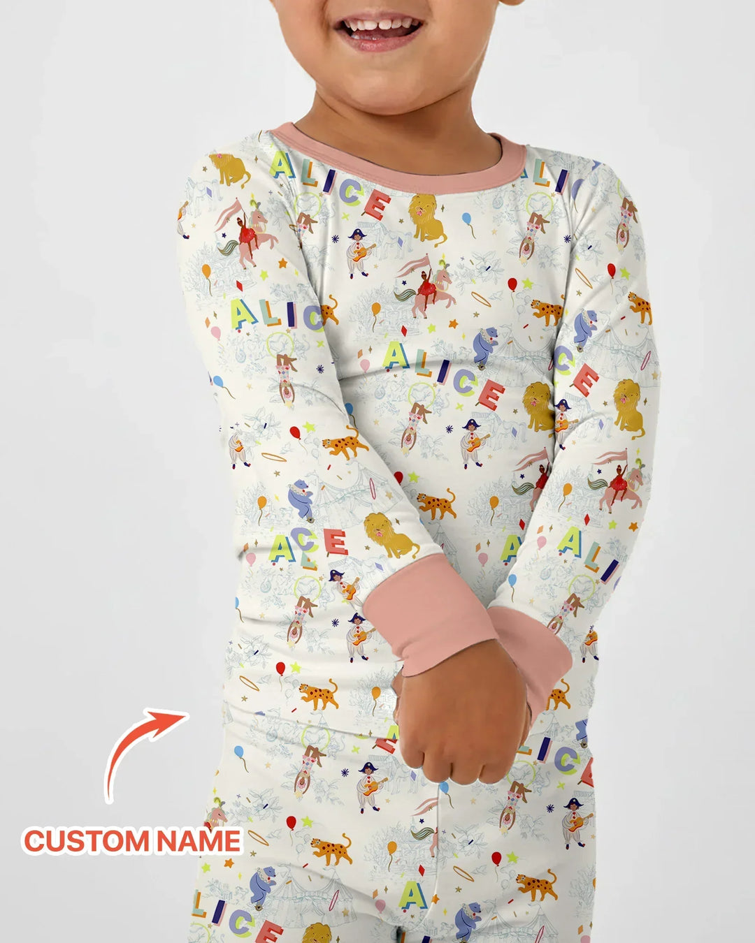 Custom Name Circus Toile Bamboo Two Piece Long Sleeve Pajama Set