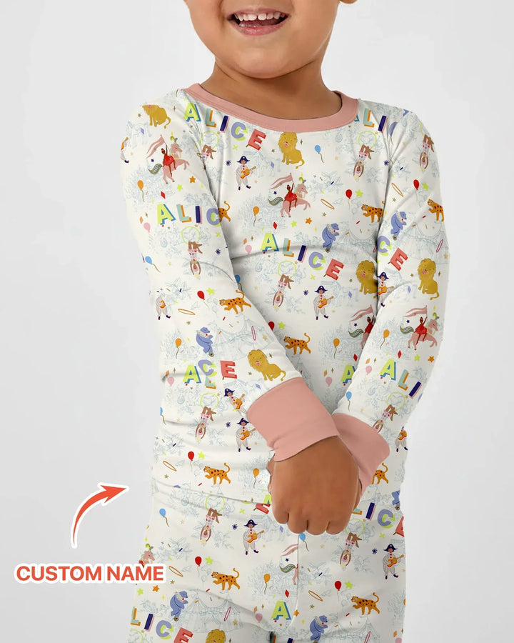 Custom Name Circus Toile Bamboo Two Piece Long Sleeve Pajama Set