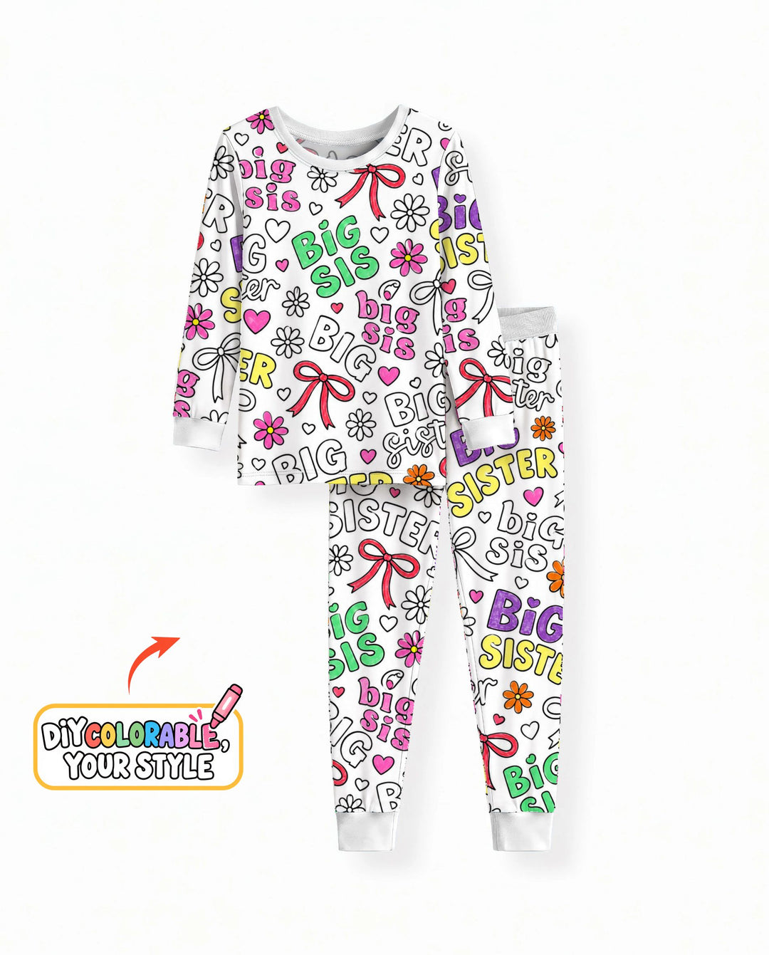 Big Sister Bows & Flowers Colorable Bamboo Two Piece Long Sleeve Pajama Set