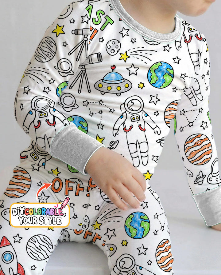 Blast Off Space Adventure Colorable Bamboo Two Piece Long Sleeve Pajama Set