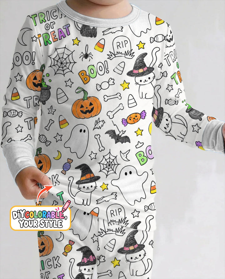 Trick or Treat Halloween Doodles Colorable Bamboo Two Piece Long Sleeve Pajama Set