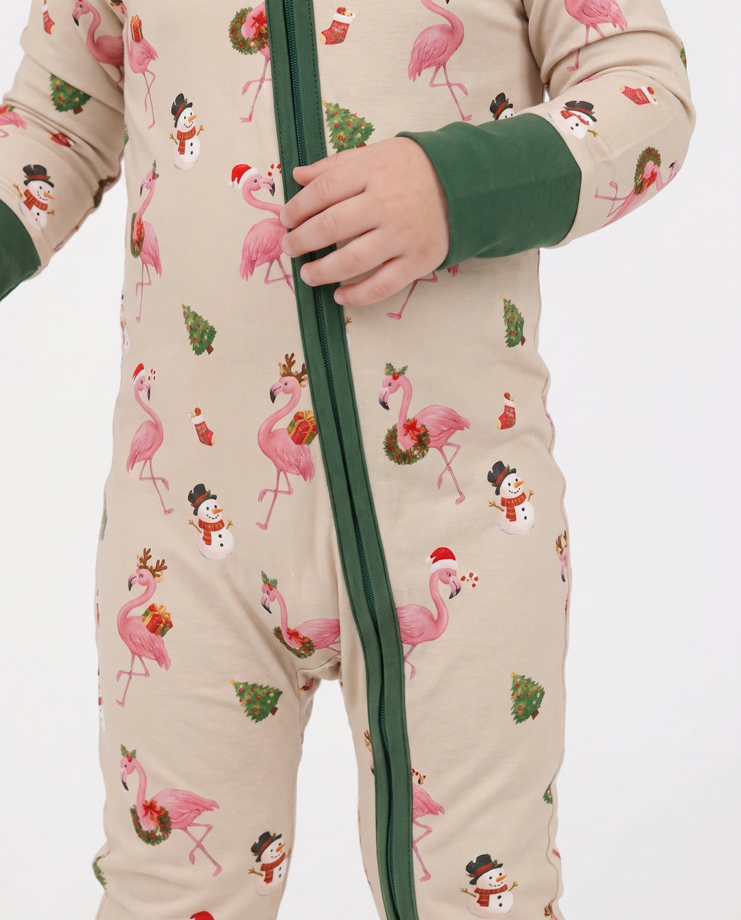 Gingerbread Cozy Flamingo Christmas Cheer Bamboo Convertible Zipper Romper
