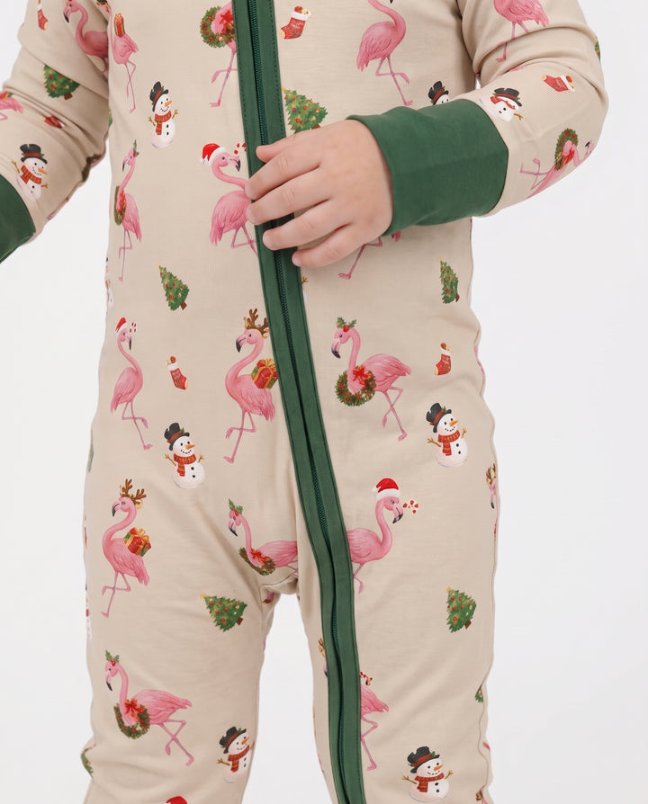 Gingerbread Cozy Flamingo Christmas Cheer Bamboo Convertible Zipper Romper