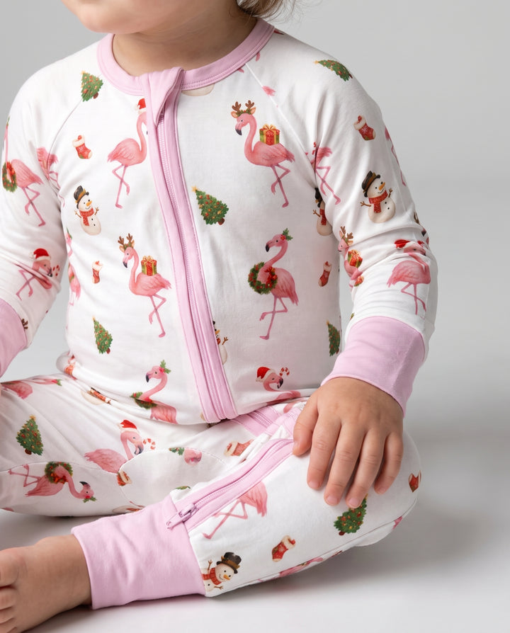 Flamingo Christmas Cheer Bamboo Convertible Zipper Romper
