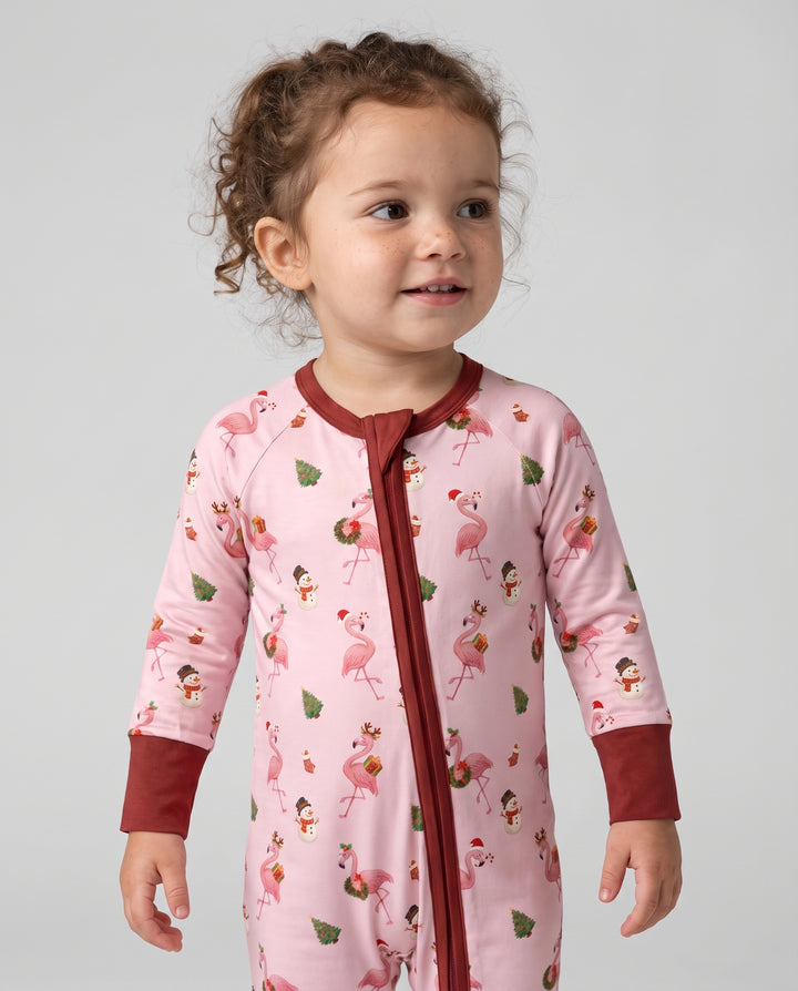 Candy Floss Flamingo Christmas Cheer Bamboo Convertible Zipper Romper