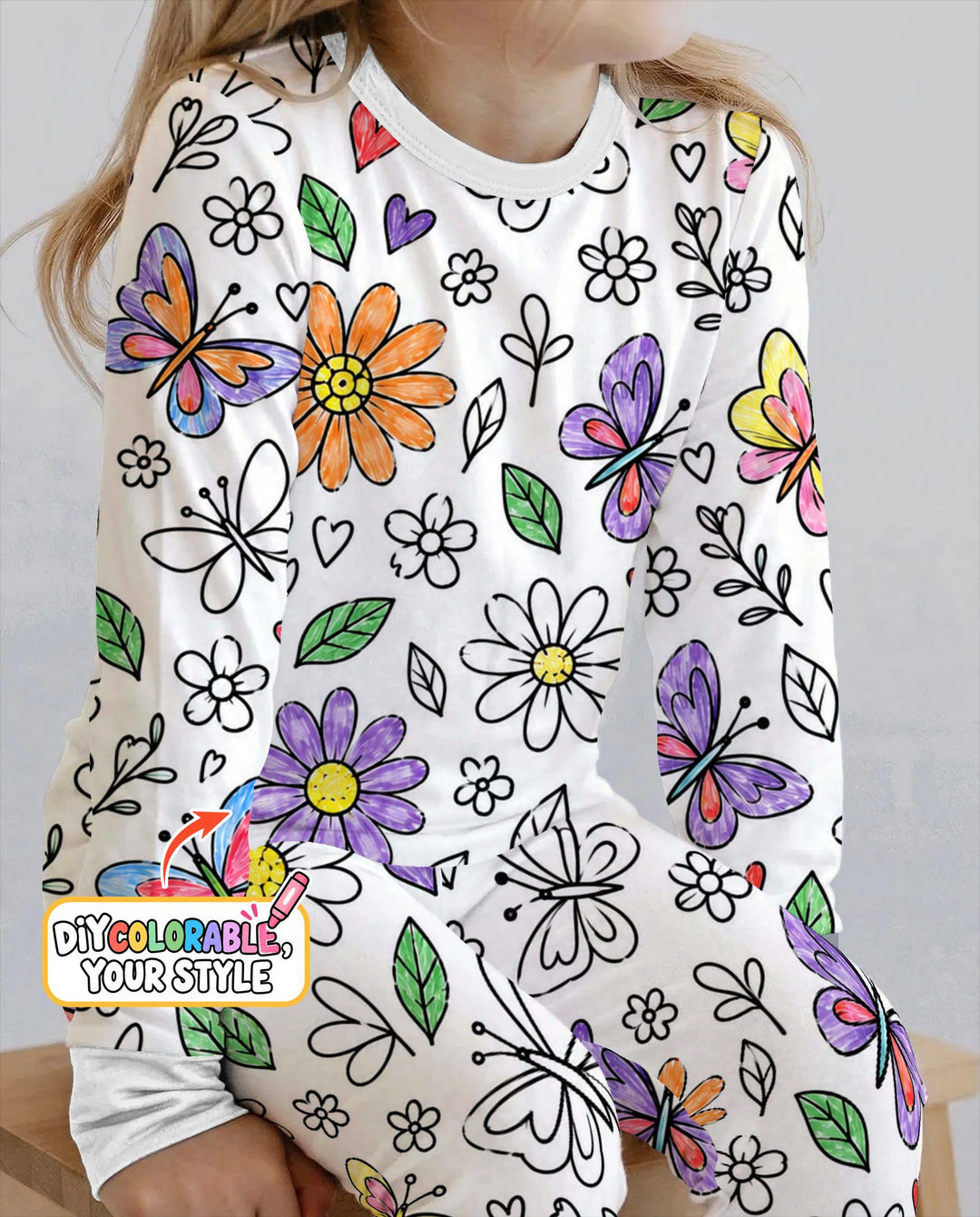 Butterfly Daisy Garden Doodles Colorable Bamboo Two Piece Long Sleeve Pajama Set