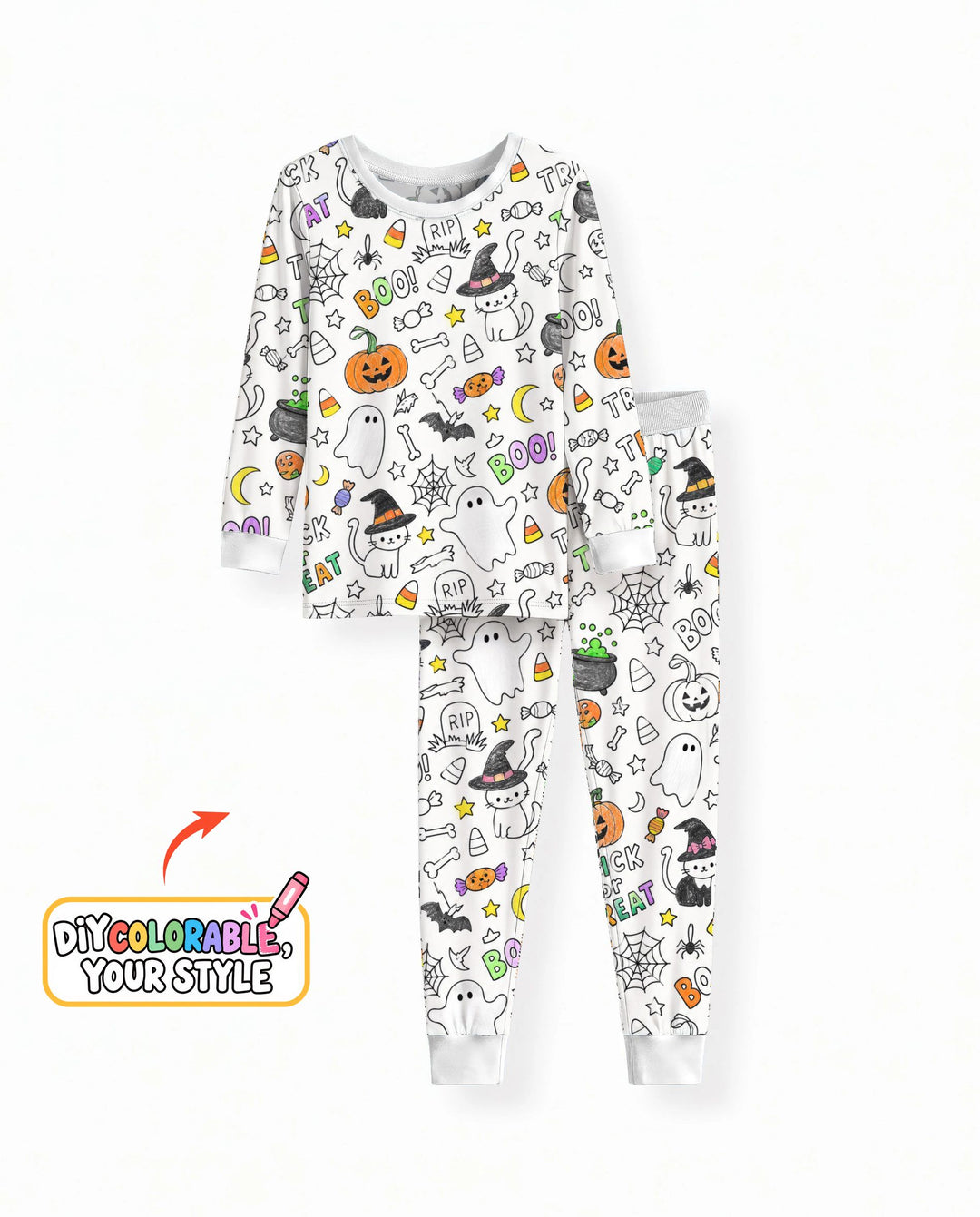 Trick or Treat Halloween Doodles Colorable Bamboo Two Piece Long Sleeve Pajama Set