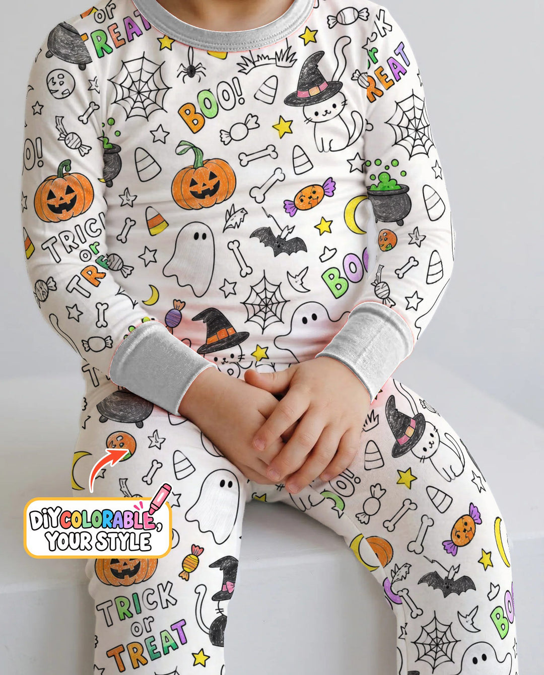 Trick or Treat Halloween Doodles Colorable Bamboo Two Piece Long Sleeve Pajama Set