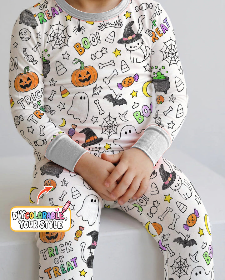 Trick or Treat Halloween Doodles Colorable Bamboo Two Piece Long Sleeve Pajama Set