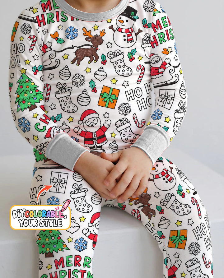 Merry Christmas Doodle Party Colorable Bamboo Two Piece Long Sleeve Pajama Set