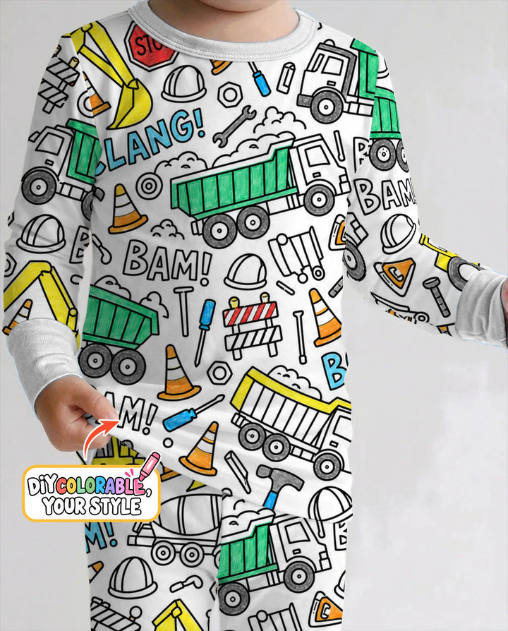 Construction Trucks Doodle Crew Colorable Bamboo Two Piece Long Sleeve Pajama Set