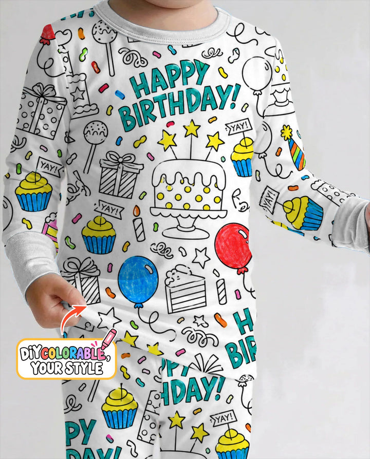 Happy Birthday Celebration Doodles Colorable Bamboo Two Piece Long Sleeve Pajama Set