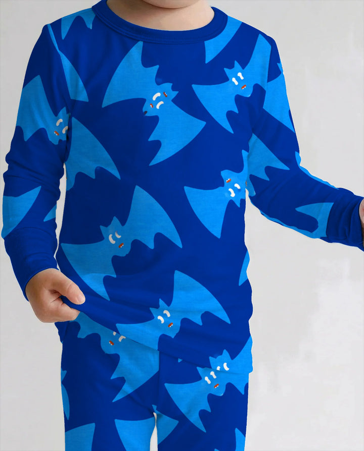 Glow In The Dark Electric Blue Bat Toss Bamboo Two Piece Long Sleeve Pajama Set