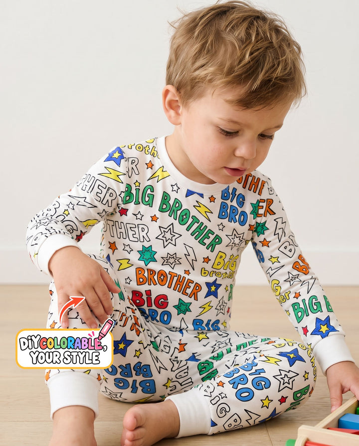 Big Brother Superhero Doodles Colorable Bamboo Two Piece Long Sleeve Pajama Set