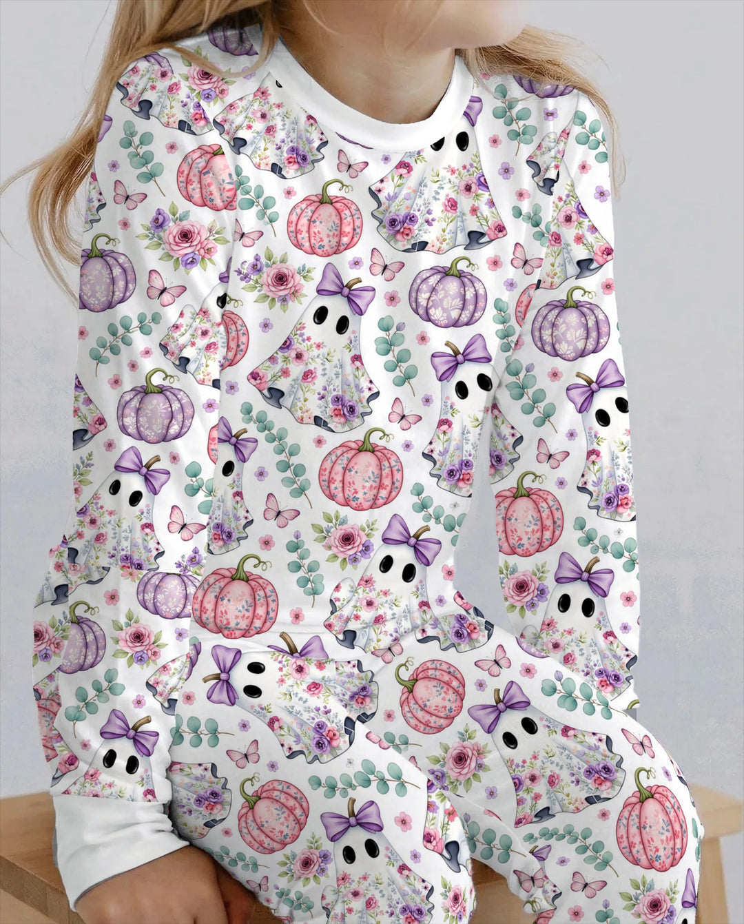 Floral Ghost & Pumpkin Garden Bamboo Two Piece Long Sleeve Pajama Set