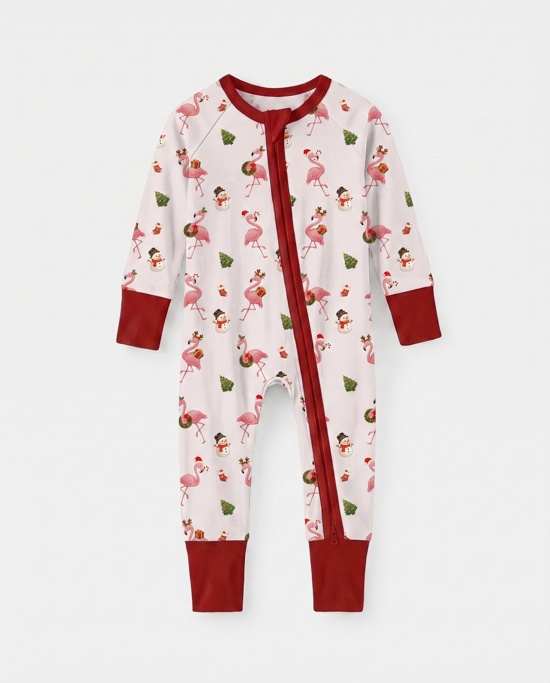 Whimsical Twilight Flamingo Christmas Cheer Bamboo Convertible Zipper Romper