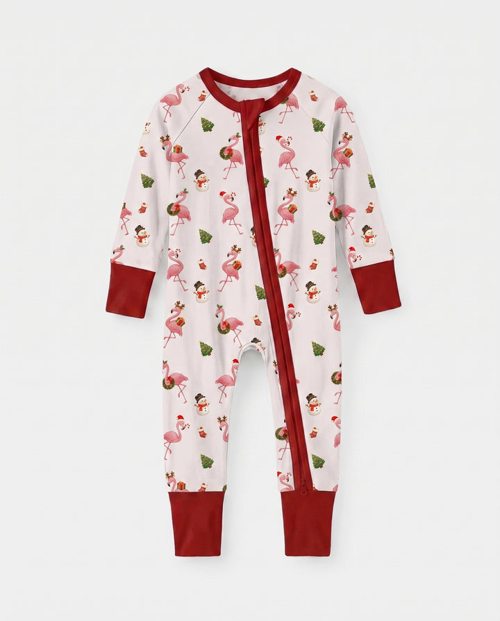 Whimsical Twilight Flamingo Christmas Cheer Bamboo Convertible Zipper Romper
