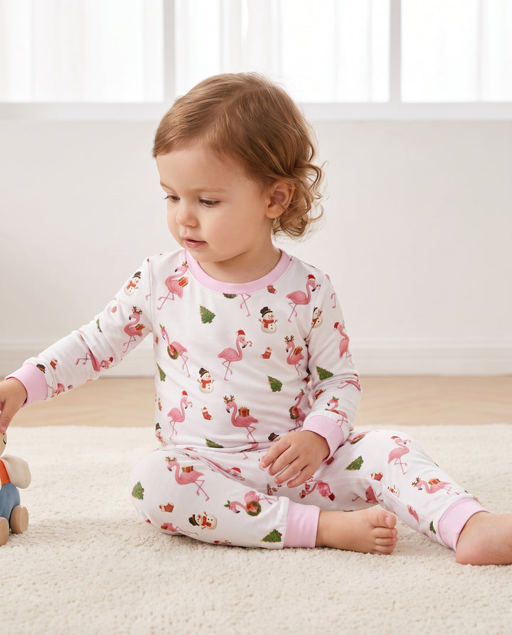 Flamingo Christmas Cheer Bamboo Two Piece Long Sleeve Pajama Set