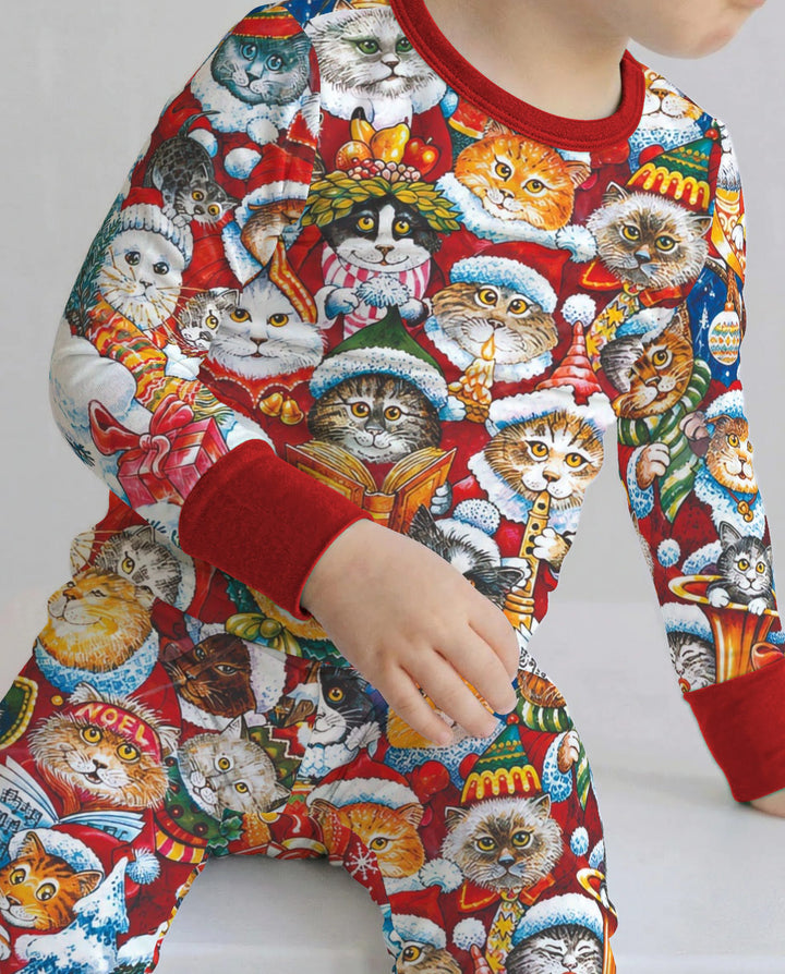 Cat Wears Noel Hat Bamboo Two Piece Long Sleeve Pajama Set