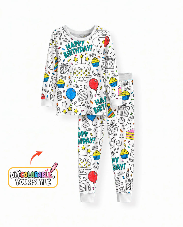 Happy Birthday Celebration Doodles Colorable Bamboo Two Piece Long Sleeve Pajama Set