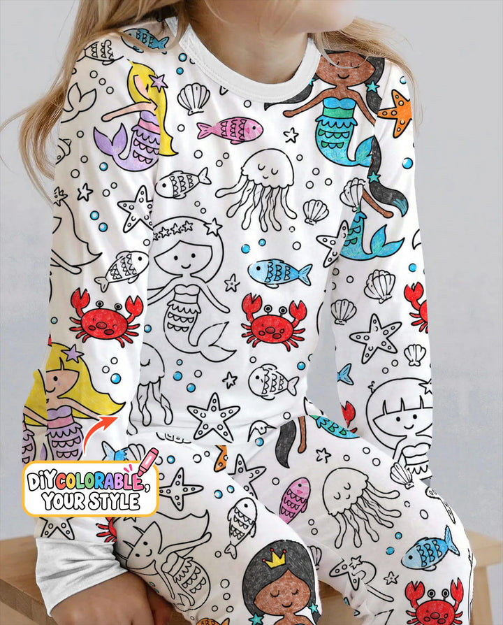 Under the Sea Mermaid Doodles Colorable Bamboo Two Piece Long Sleeve Pajama Set