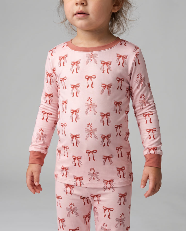 Candy Cane Bow Delight Bamboo Two Piece Long Sleeve Pajama Set